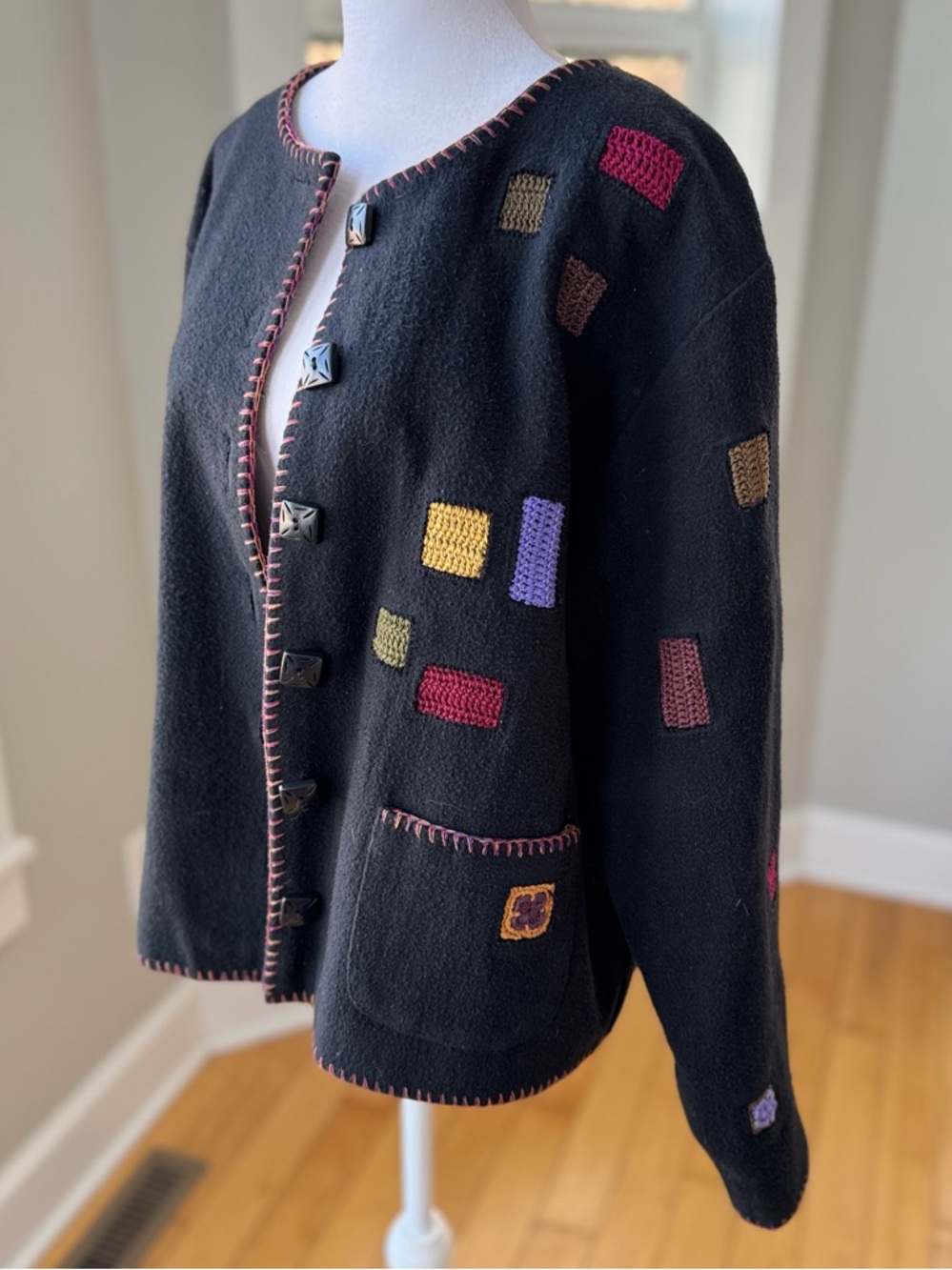 Vintage Christopher & Banks Black Wool Cotton Patchwork Jacket Coat Sz Large